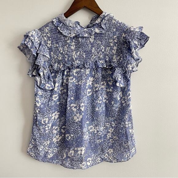 Gilner Farrar | Womens Sienna Top Blouse Blue Meadow Smocked Tie Neck Ruffles XS - Picture 9 of 9